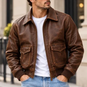 A 2 Leather Flight Jacket model wear front look