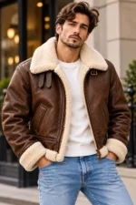 B 3 Shearling Leather Bomber Jacket Model wear front look