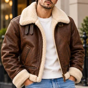 B 3 Shearling Leather Bomber Jacket Model wear front look