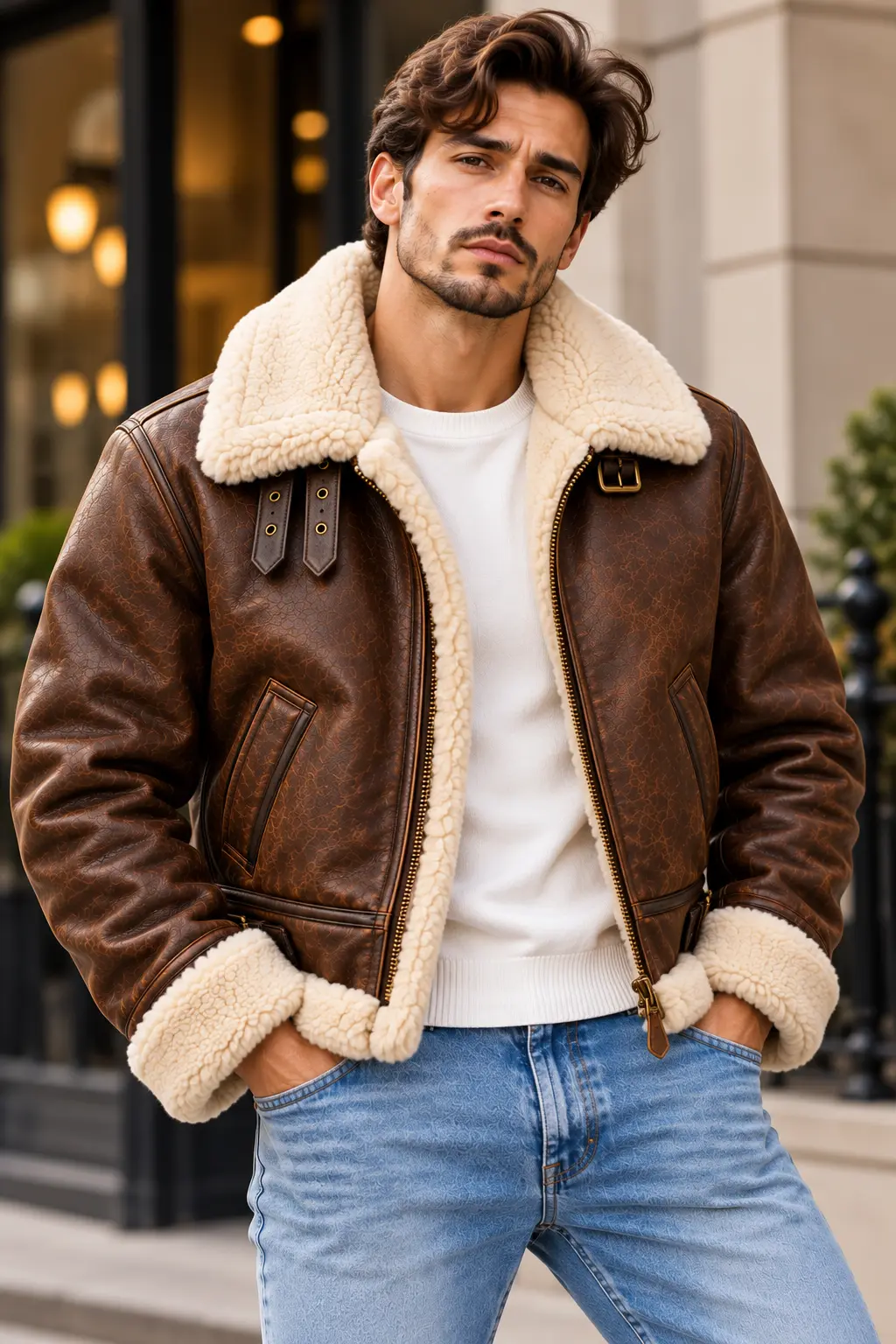 B 3 Shearling Leather Bomber Jacket Model wear front look