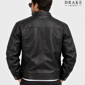 Black Cafe Racer Leather Jacket Model Wear Back Look