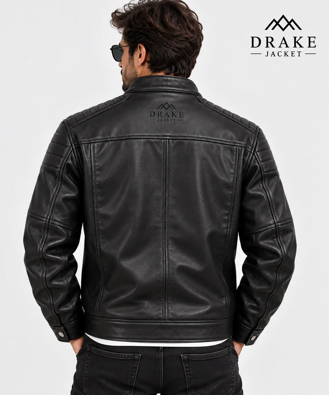 Black Cafe Racer Leather Jacket Model Wear Back Look