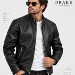 Black Cafe Racer Leather Jacket Model Wear Front Look