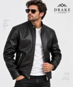 Black Cafe Racer Leather Jacket Model Wear Front Look