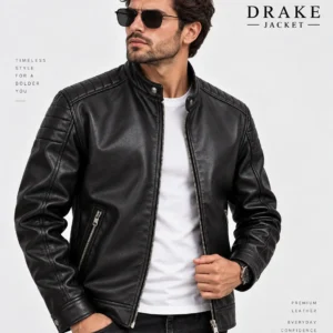 Black Cafe Racer Leather Jacket Model Wear Front Look