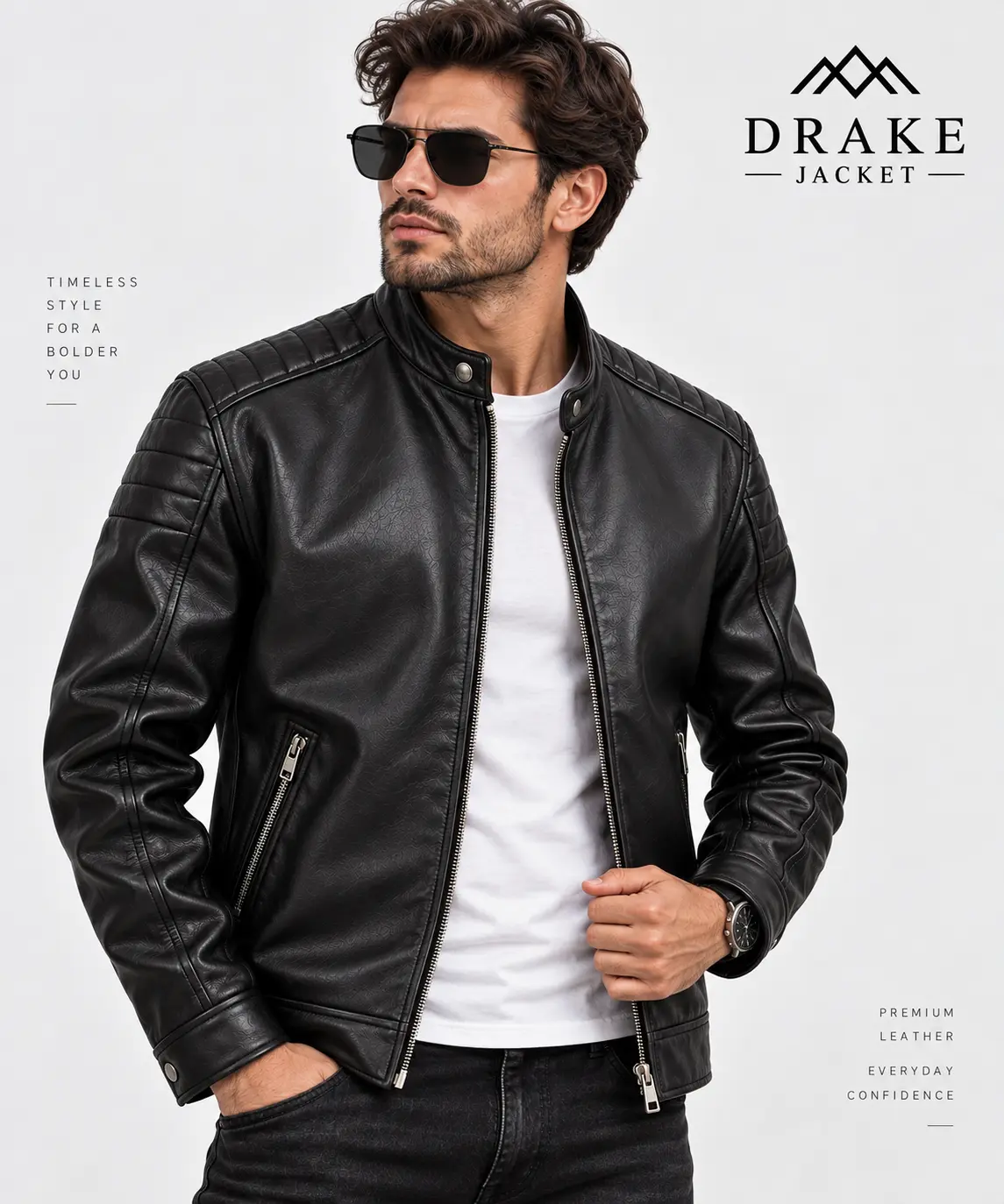 Black Cafe Racer Leather Jacket Model Wear Front Look