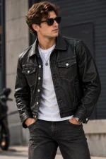 Black Leather Trucker Jacket model wear front look
