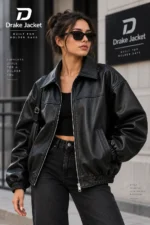 Black Oversized Leather Jacket Model Wear