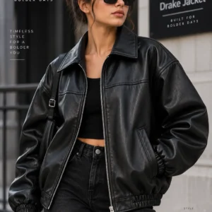 Black Oversized Leather Jacket Model Wear