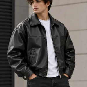 Boxy Fit Faux Leather Jacket model wear front look