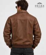 Brown Leather Bomber Jacket Model Wear Back Look