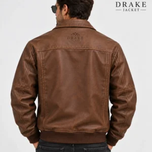Brown Leather Bomber Jacket Model Wear Back Look
