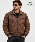 Brown Leather Bomber Jacket Model Wear Front Look