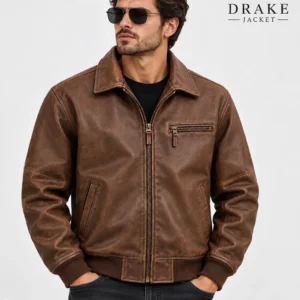 Brown Leather Bomber Jacket Model Wear Front Look