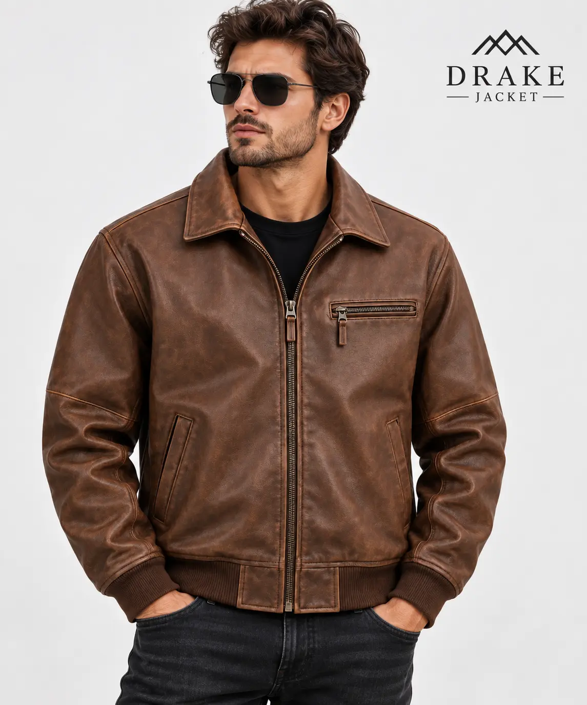 Brown Leather Bomber Jacket Model Wear Front Look