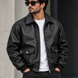 Classic Faux Leather Jacket model wear front look