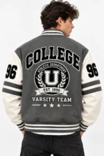 Grey Black Varsity Jacket Back Look Model Wear