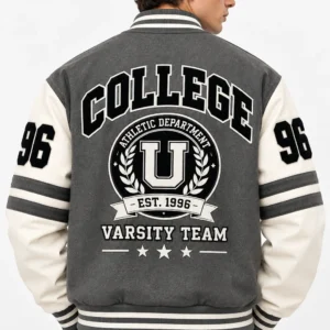 Grey Black Varsity Jacket Back Look Model Wear