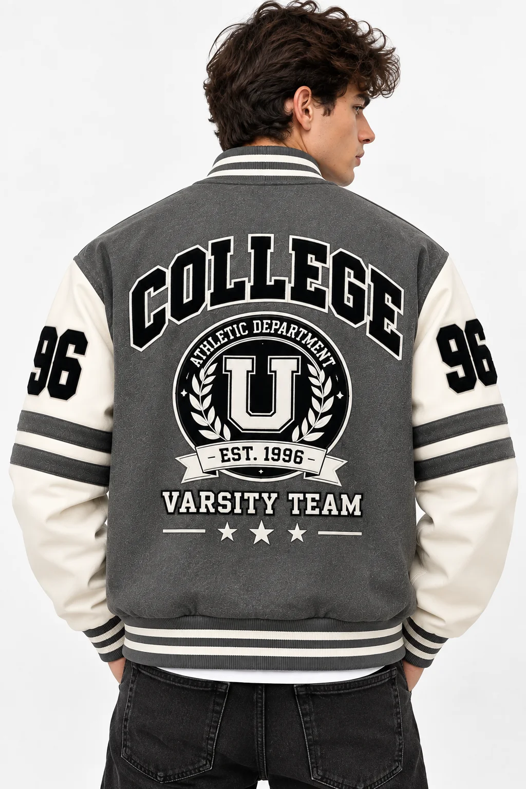 Grey Black Varsity Jacket Back Look Model Wear