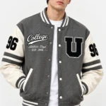 Grey Black Varsity Jacket Front Look Model Wear
