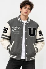 Grey Black Varsity Jacket Front Look Model Wear