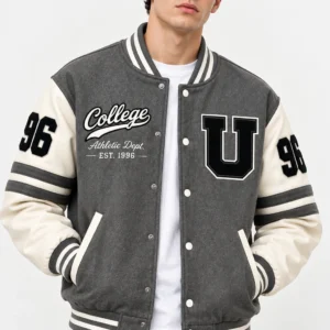 Grey Black Varsity Jacket Front Look Model Wear