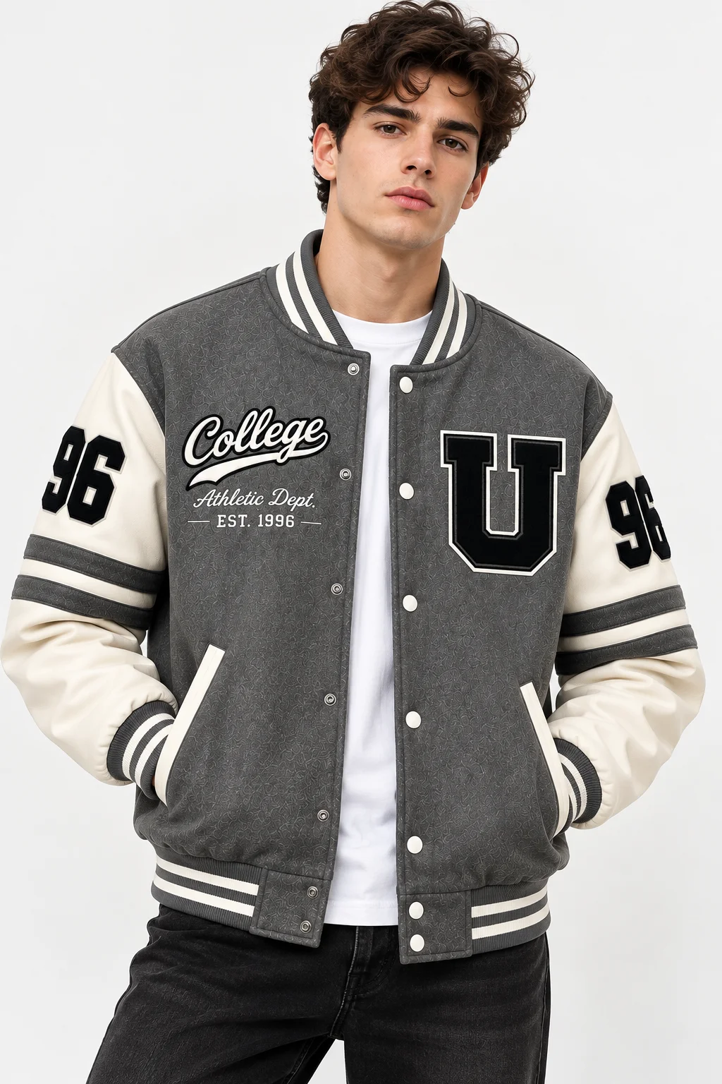 Grey Black Varsity Jacket Front Look Model Wear