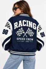 Old Navy Letterman Jacket back look model wear