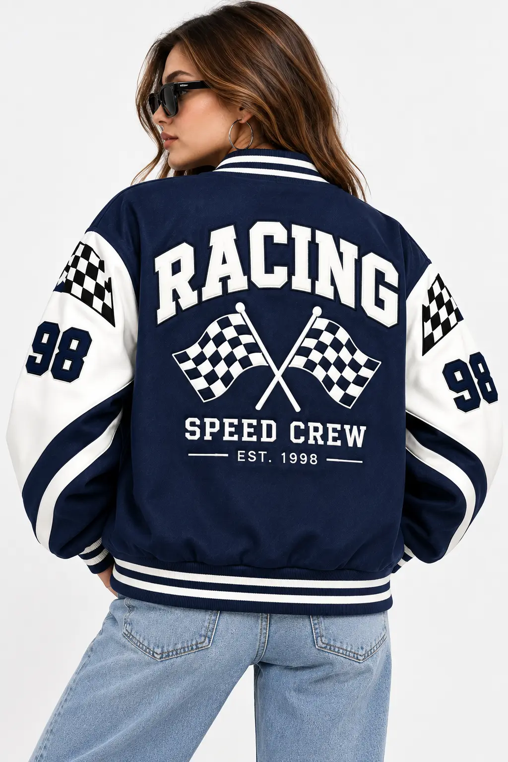 Old Navy Letterman Jacket back look model wear