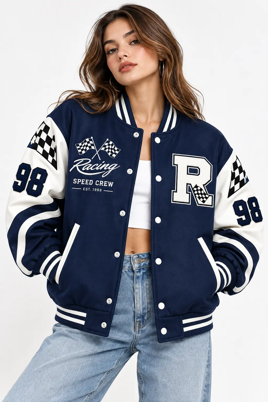 Old Navy Letterman Jacket front look model wear
