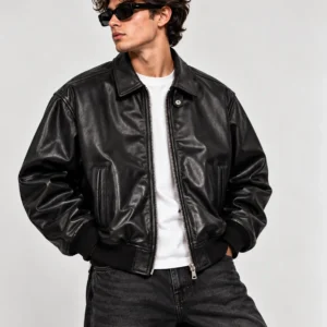 Stussy Flight Leather Jacket model wear