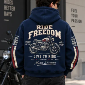 Vintage Motorcycle Hoodie Model Wear Back Look