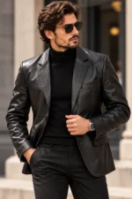 black faux leather blazer model wear front look