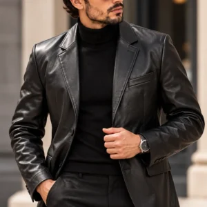 black faux leather blazer model wear front look