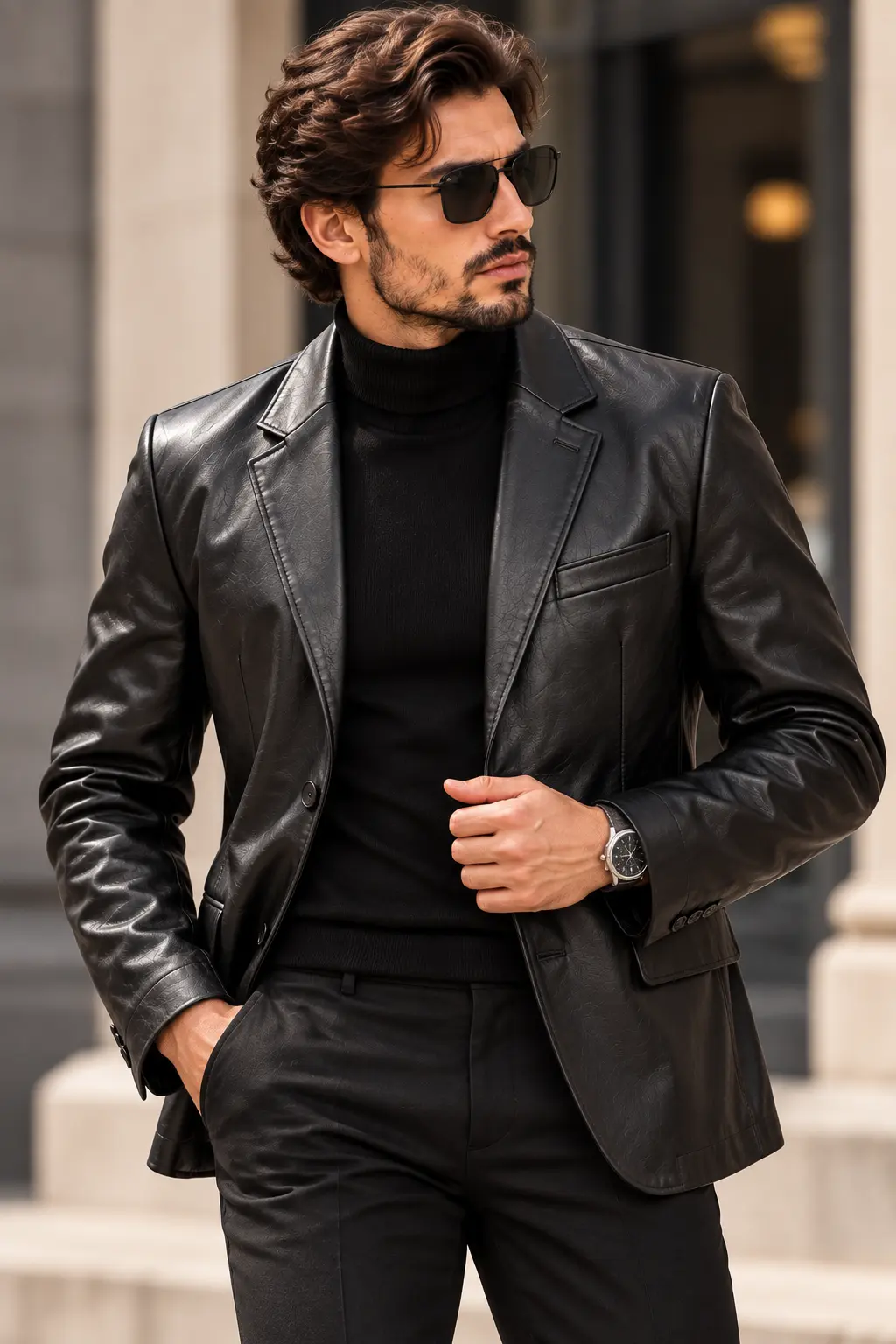 black faux leather blazer model wear front look