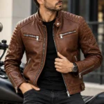 brown leather motorcycle jacket model wear