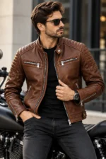 brown leather motorcycle jacket model wear