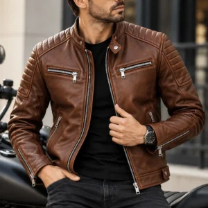 brown leather motorcycle jacket model wear