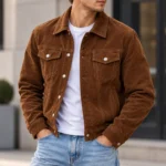 brown suede trucker jacket model wear front look