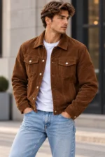 brown suede trucker jacket model wear front look