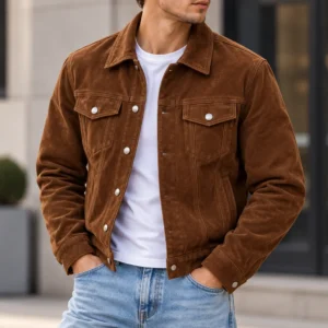 brown suede trucker jacket model wear front look