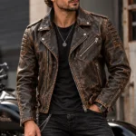 distressed leather jacket model wear front look