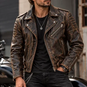 distressed leather jacket model wear front look