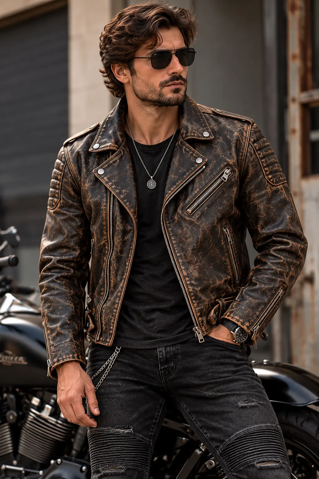 distressed leather jacket model wear front look