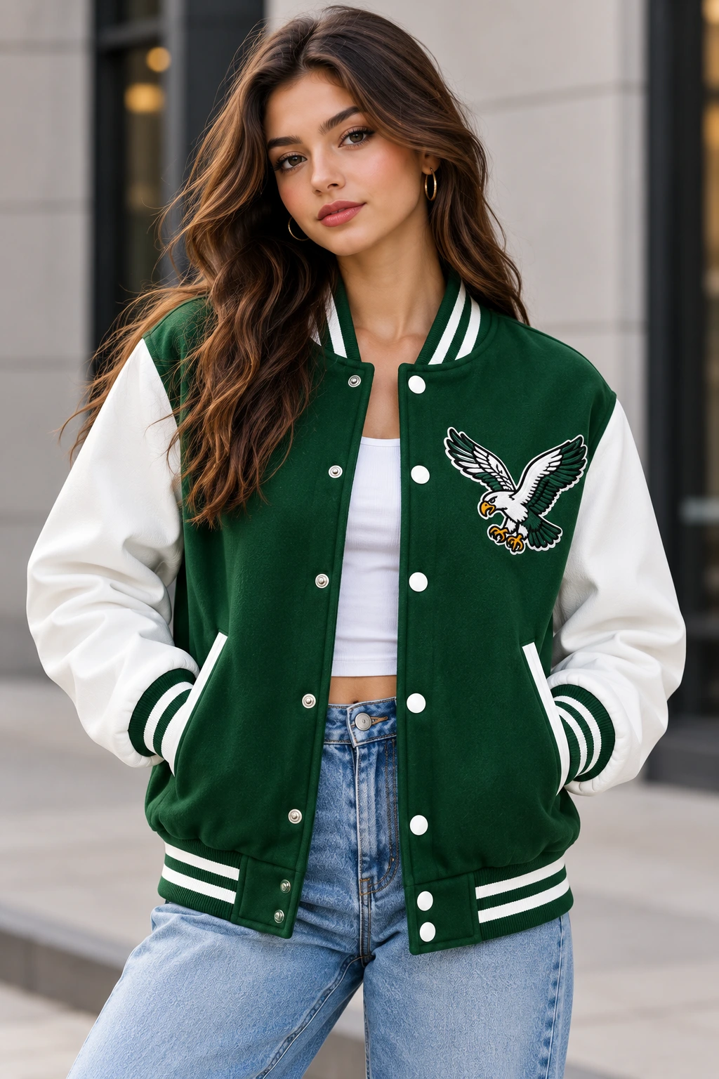 eagle varsity jacket model wear front look
