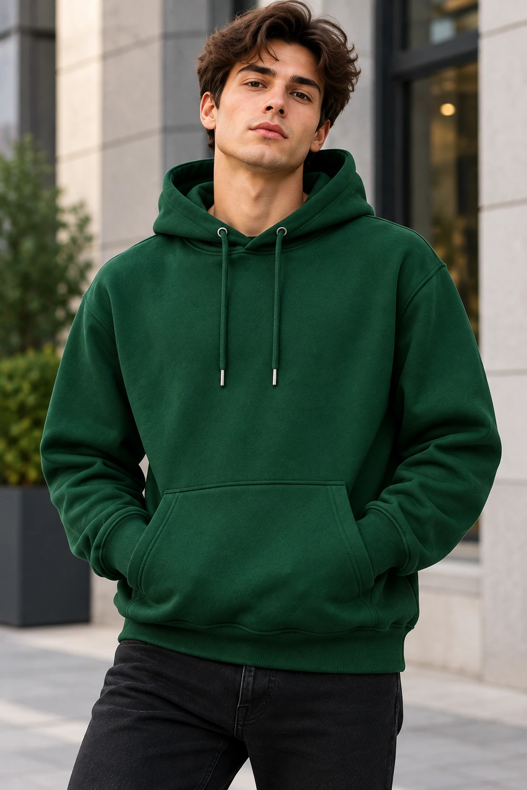 forest green hoodie Model wear Front look