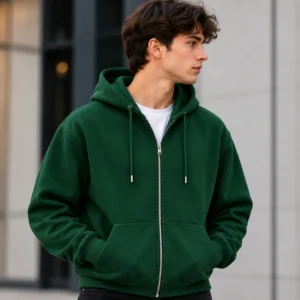 forest green zip up hoodie model wear front look