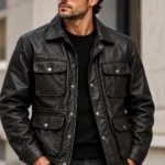 mens leather field jacket model wear front look