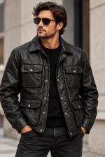 mens leather field jacket model wear front look