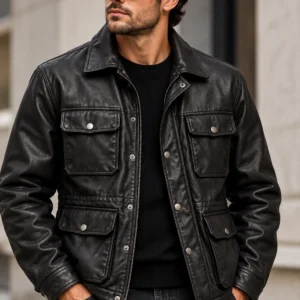 mens leather field jacket model wear front look